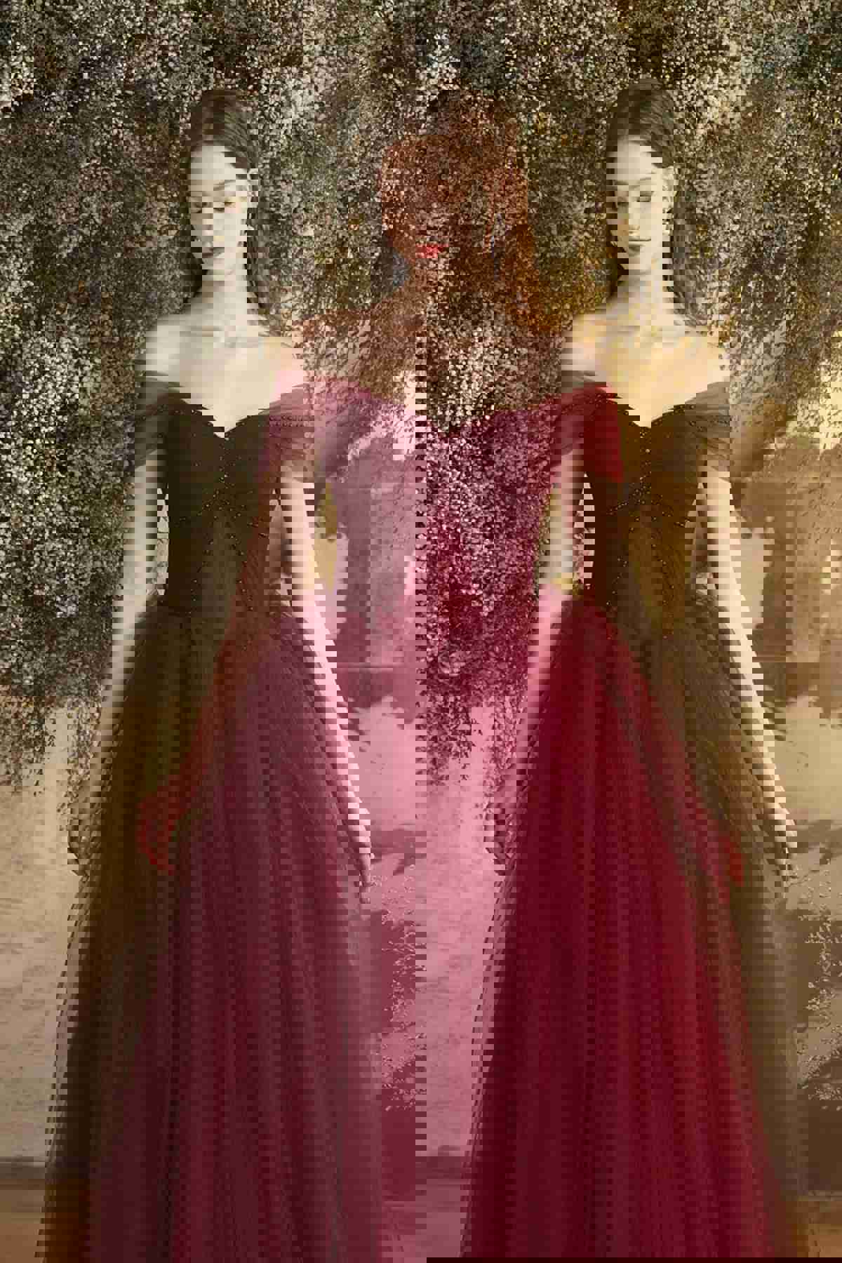 Off the Shoulder Burgundy Tulle Long Prom Dresses, Wine Red Formal Evening Gown