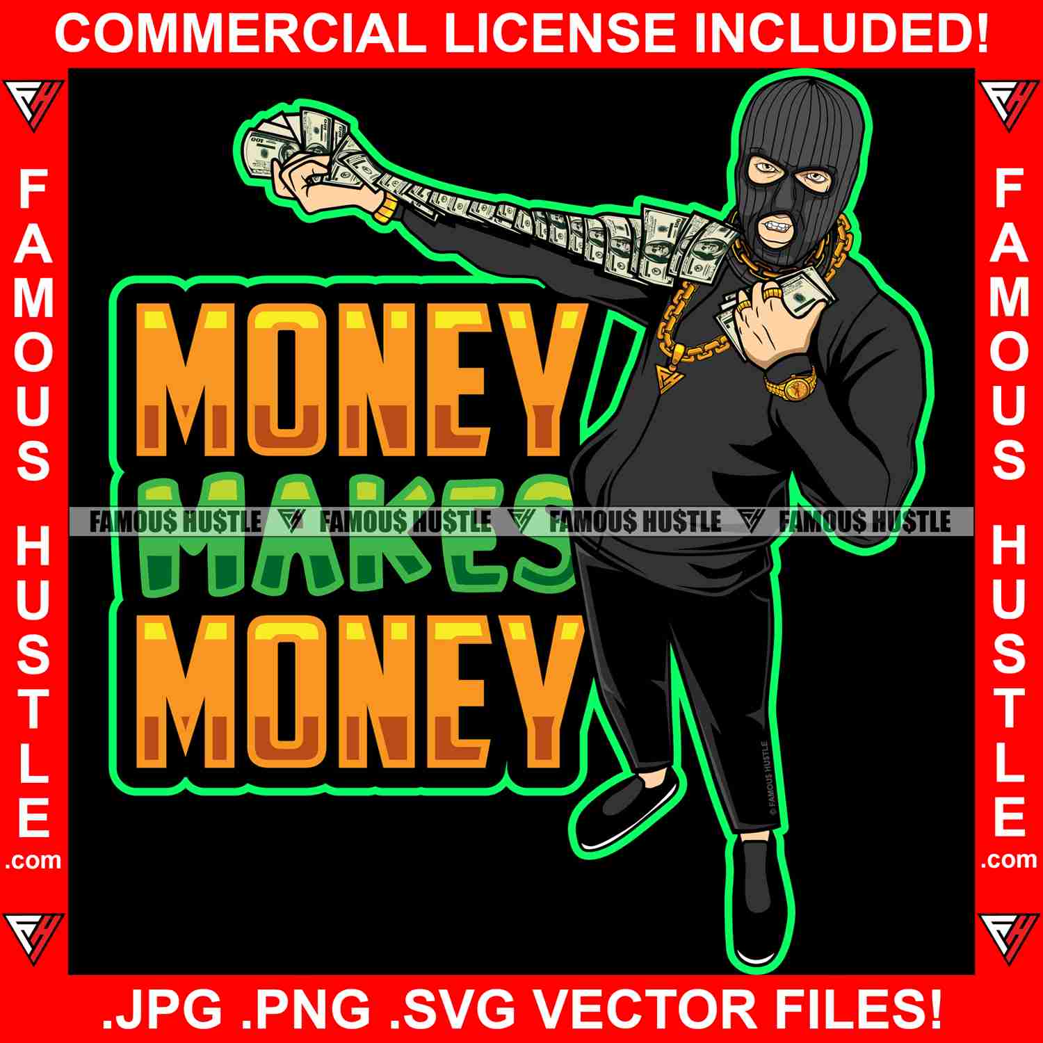 Money Makes Money Gangster White Man Ski Mask Graphic Design T-Shirt Print