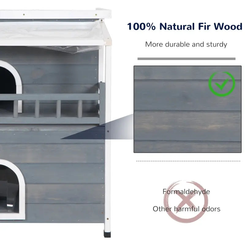 PawHut 2-Story Weatherproof Wood Cat House with Balcony & Doors for Indoor/Outdoor Use