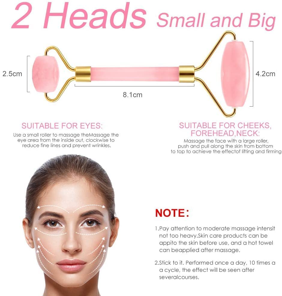Rose Quartz Face Roller and Jade Roller Gua Sha Set - Pink Facial Massager for Skin Care and Puffiness Relief