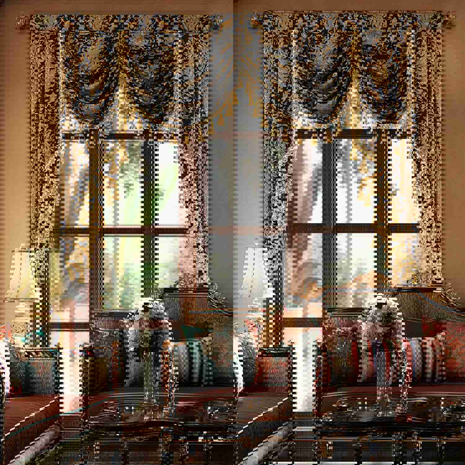 Black Florence Swag Valance with Classic Damask Pattern