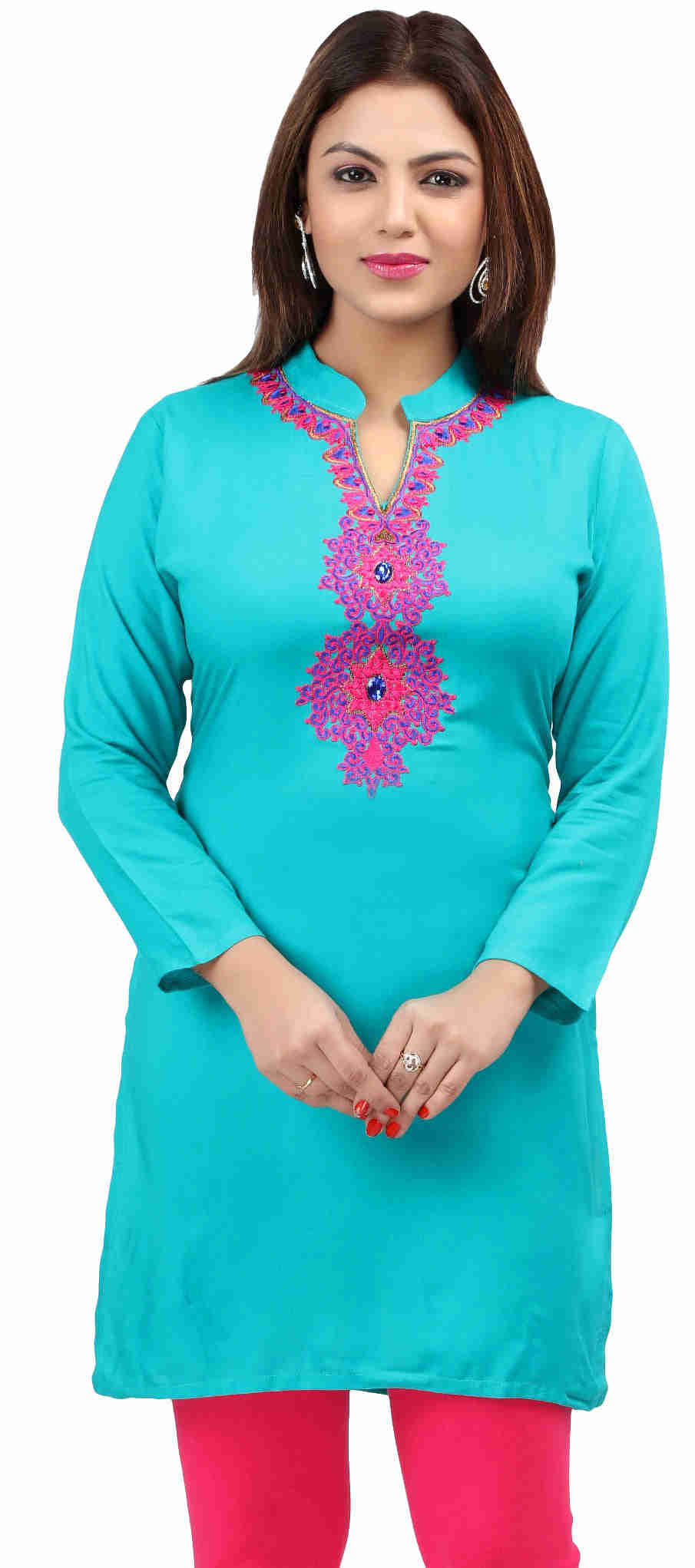 Short Kurti Womens Blouse Embroidered Indian Clothing (Turquoise)