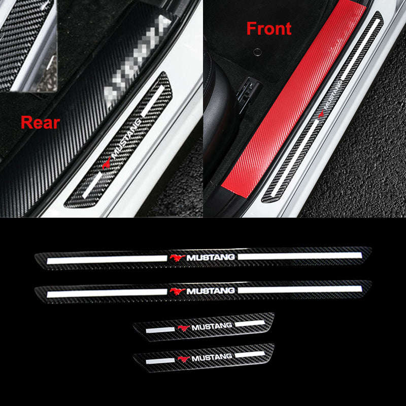 Mustang Carbon Fiber Car Door Welcome Plate Sill Scuff Cover Decal Sticker 4pc Set