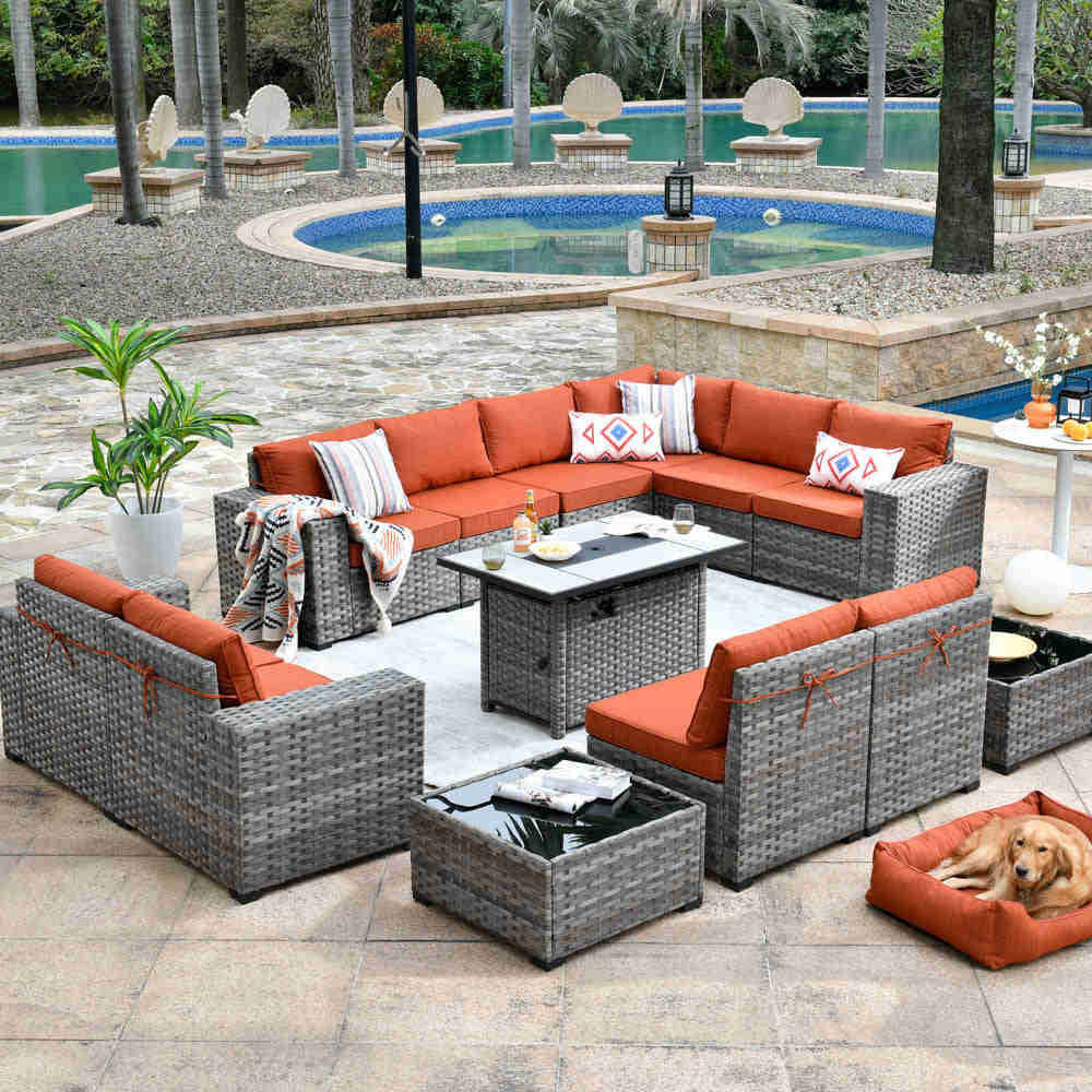 Ovios 13 Pieces Outdoor Furniture Set with Broad Handrails and Fire Pit Table