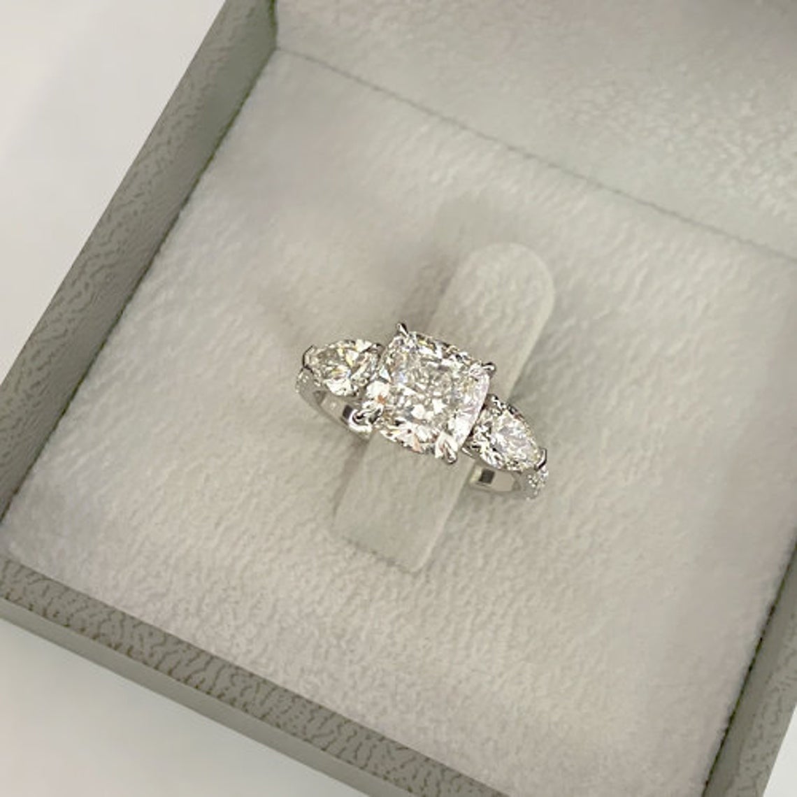 Cushion & Pear 3 Stone Moissanite Solitaire Diamond Engagement Ring