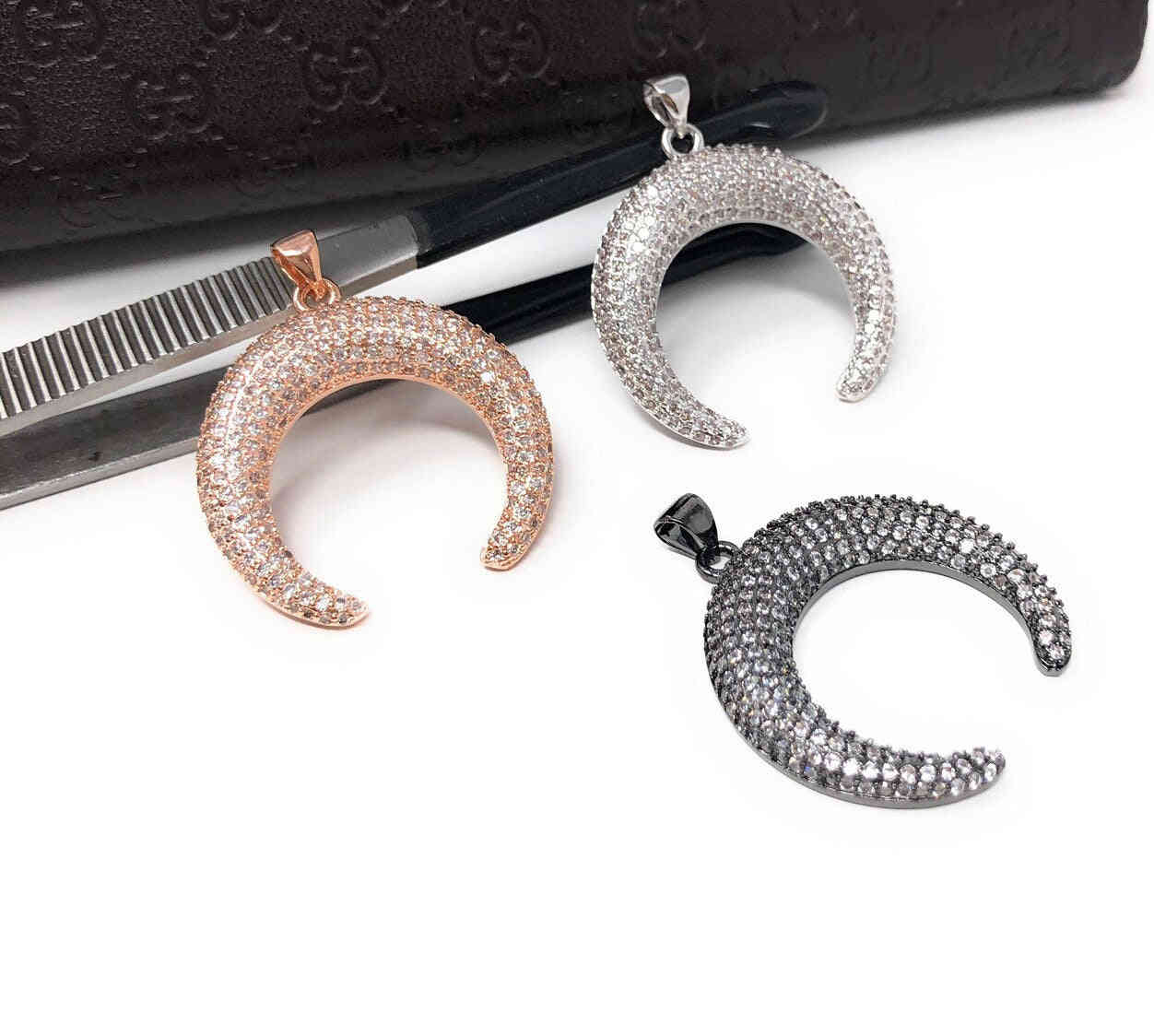 CZ Micro Pave Double Horn Moon Crescent Pendant for DIY Jewelry Making