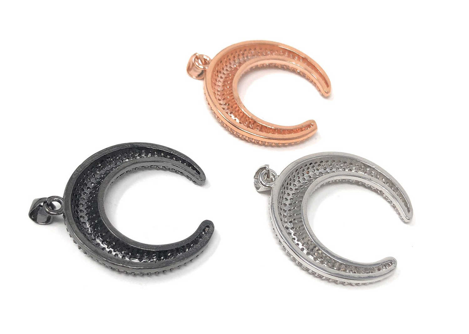 CZ Micro Pave Double Horn Moon Crescent Pendant for DIY Jewelry Making
