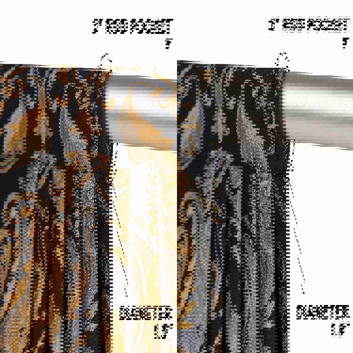 Black Florence Swag Valance with Classic Damask Pattern