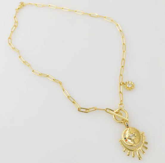 MIka Paperclip Chain Necklace with Sun and Flower