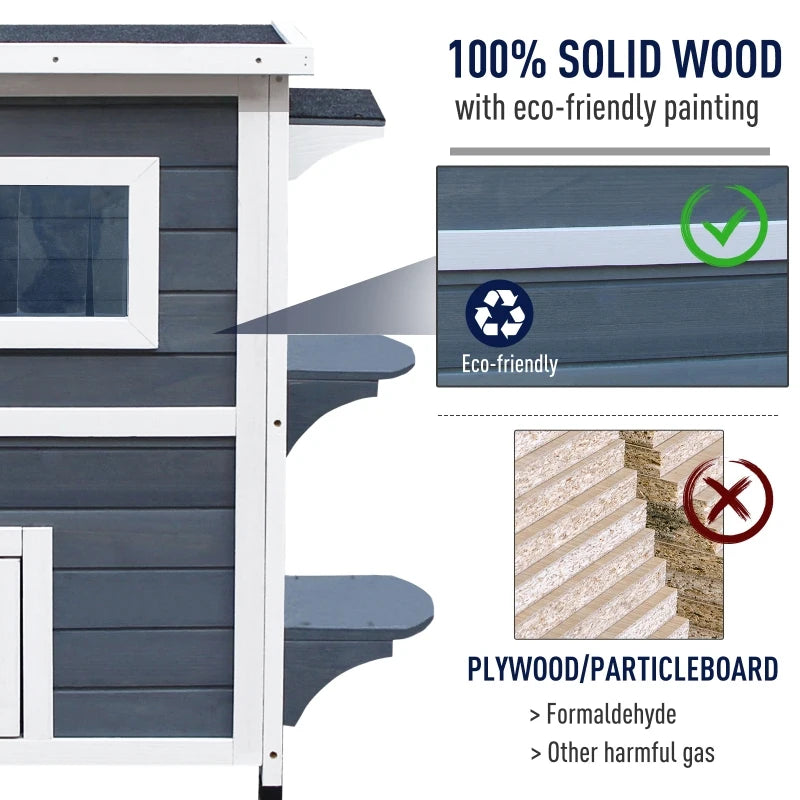 PawHut 2-Story Weatherproof Wood Cat House with Balcony & Doors for Indoor/Outdoor Use