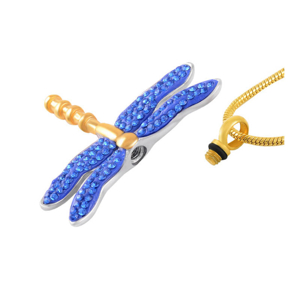 J-7149 - Winged Dragonfly Rhinestone Memorial Pendant with Gold-Tone Chain