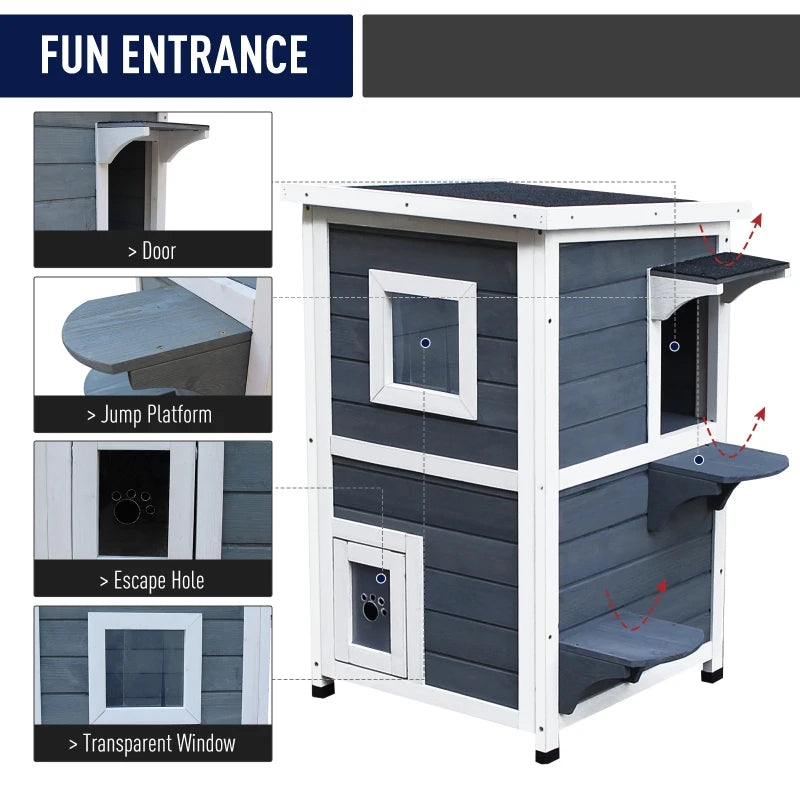 PawHut 2-Story Weatherproof Wood Cat House with Balcony & Doors for Indoor/Outdoor Use