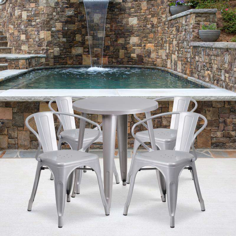 CH-51080TH-4-18ARM Flash Furniture Chauncey Commercial Grade 24 Round Silver Metal Indoor-Outdoor Table Set