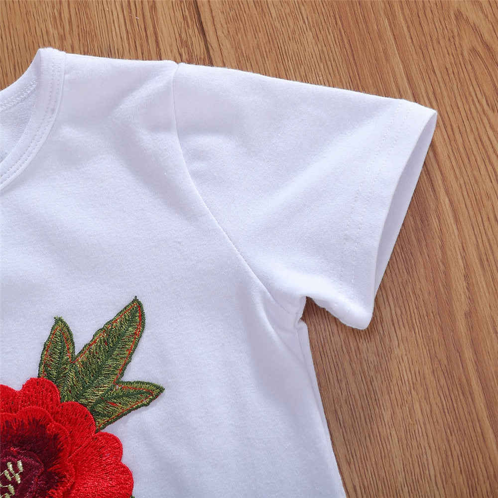2020 Baby Summer Clothing Infant Kids Girls Skirt Two Piece Set Fashion Rose Embroidery Short Sleeve Top + Denim Short Skirt