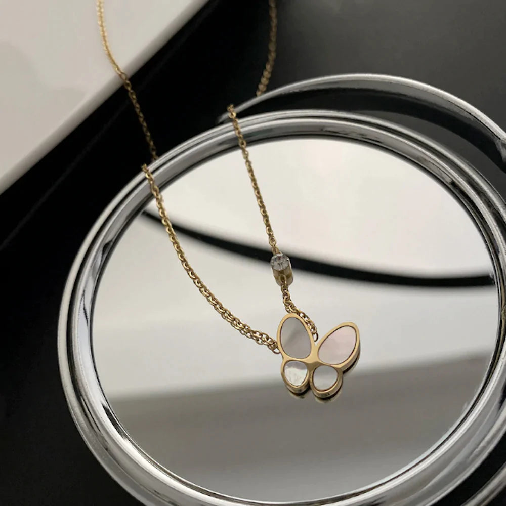 Elegant Women's Butterfly Pendant Necklace - Gold Plated Alloy and Mother of Pearl, 16 + 2 Length
