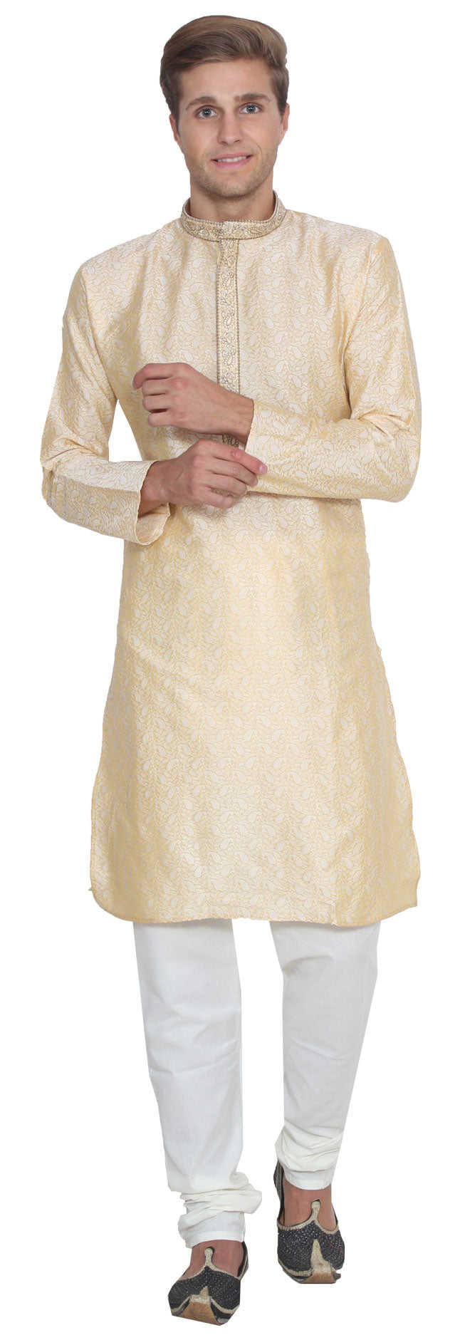 Jacquard Silk Embroidered Mens Kurta Pajama India Clothing (Gold)