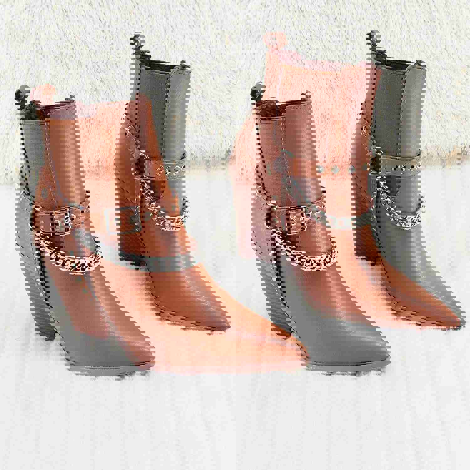 Dimitri Western Chain Strap Cowboy/Cowgirl Pull Ankle Boots Tan 6-11
