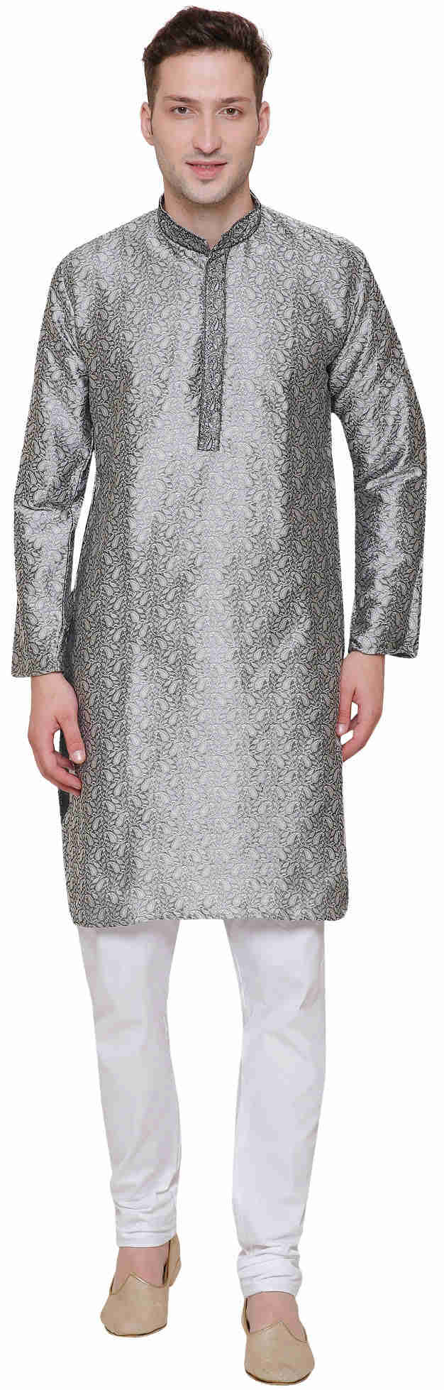 Embroidered Jacquard Silk Mens Kurta Pyjama Indian Traditional Outfit (Grey)