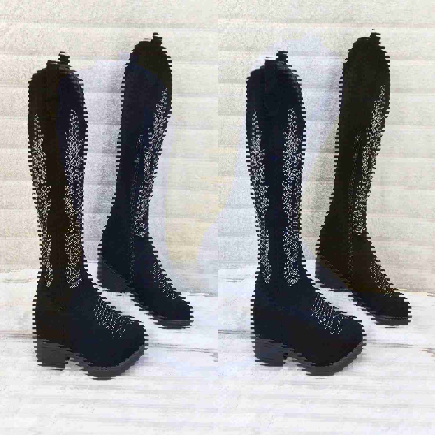 Bella Western Mid-calf Cowboy Cowgirl Boots Tan Low 1.5 Heels Black Faux Suede