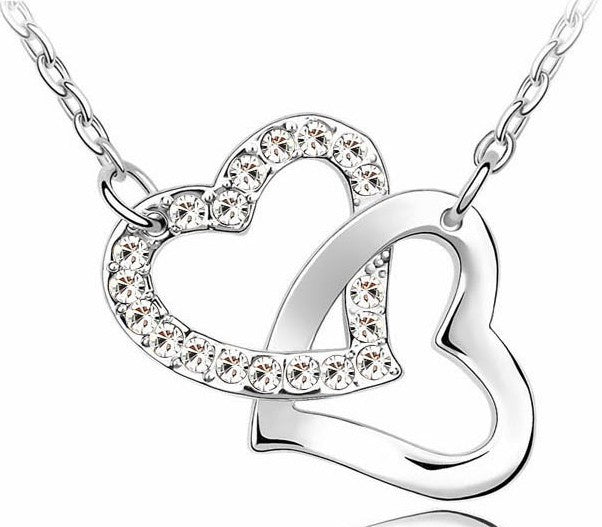 Free Shipping Wholesale Fashion Jewelry Double Heart Pendant Necklace with AAAA+ Rhinestone