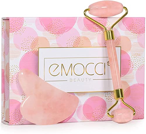 Rose Quartz Face Roller and Jade Roller Gua Sha Set - Pink Facial Massager for Skin Care and Puffiness Relief