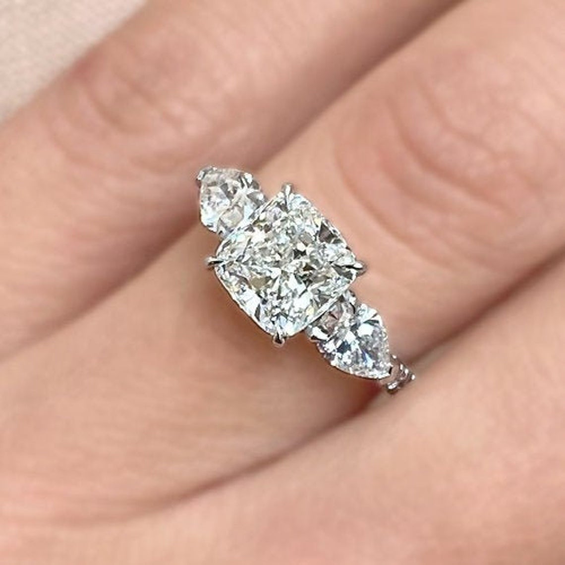 Cushion & Pear 3 Stone Moissanite Solitaire Diamond Engagement Ring