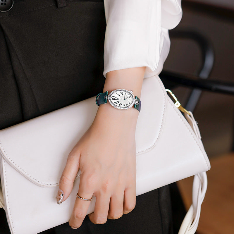 GUOU 6040 Fashion Oval Diamond Women's Watch - Rose Gold Leather Strap