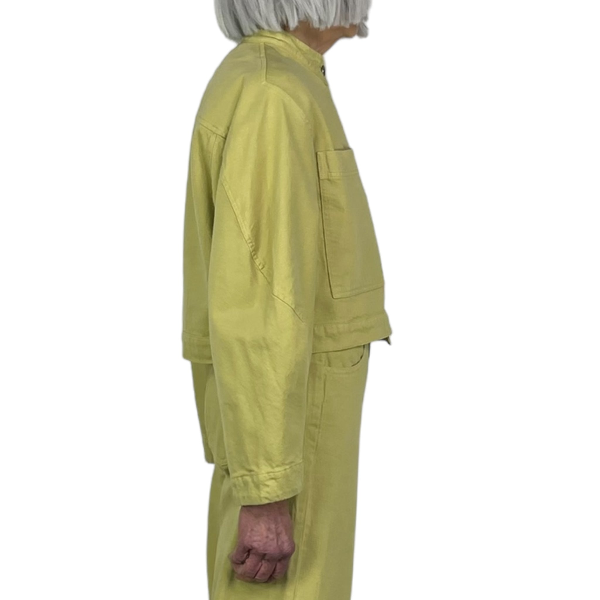 MOON DENIM JACKET - Cropped with Mandarin Collar & Asymmetric Button Closure