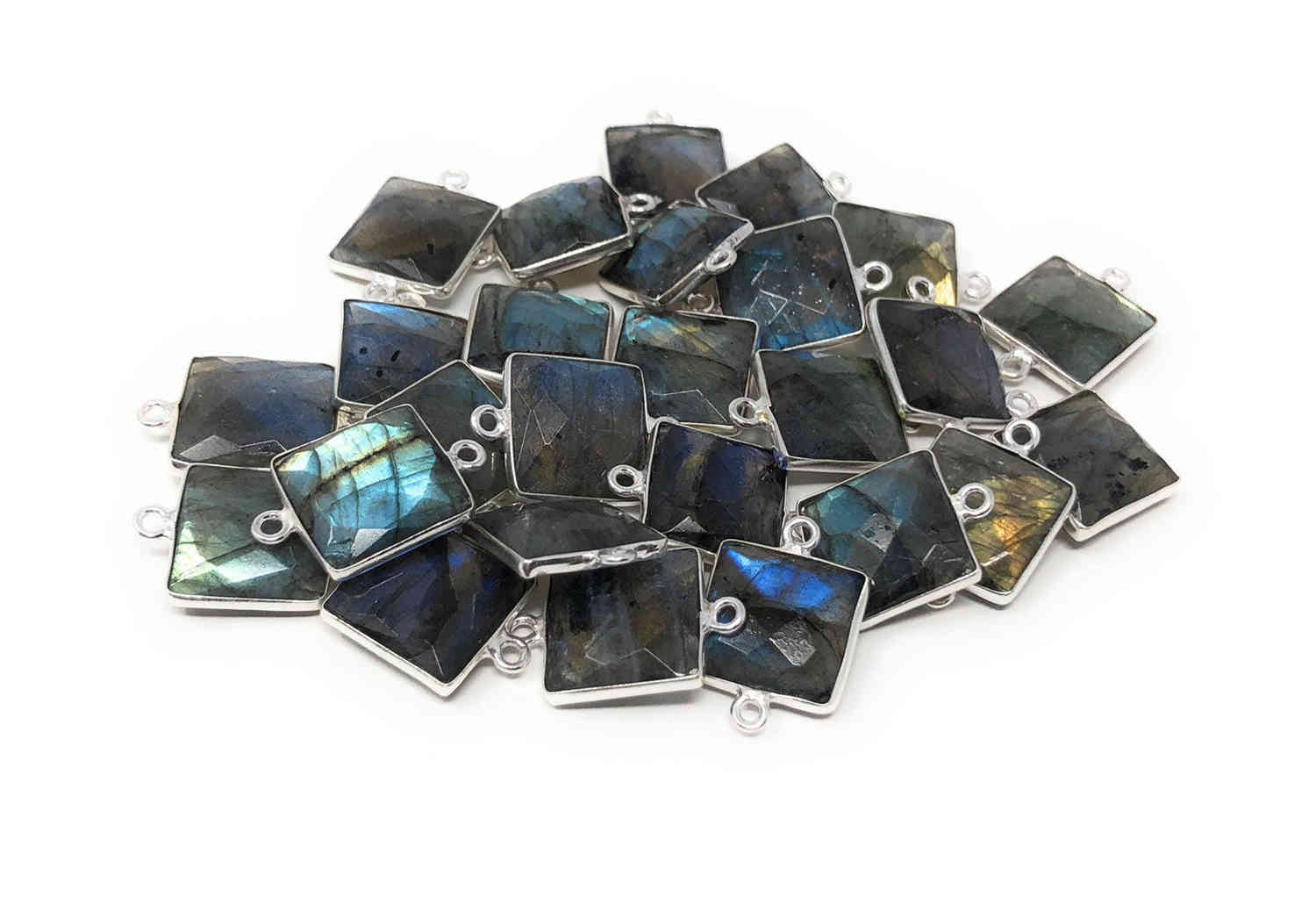 9 Pcs Labradorite Gemstone Connector, Sterling Silver Double Bail Connectors Charms for DIY Jewelry Making, 20x14mm