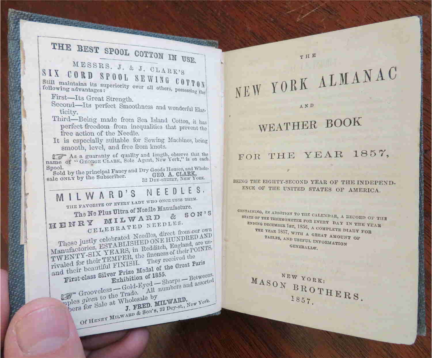 New York Almanac & Weather Book 1857 Mason Brothers Calendar Disasters