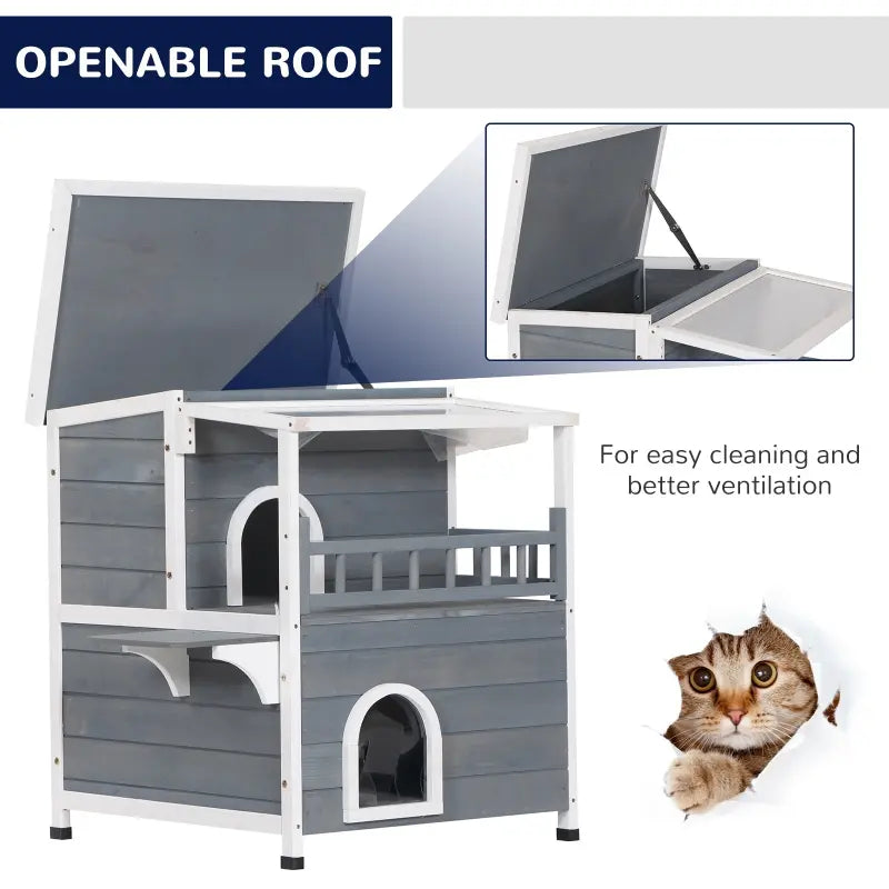 PawHut 2-Story Weatherproof Wood Cat House with Balcony & Doors for Indoor/Outdoor Use