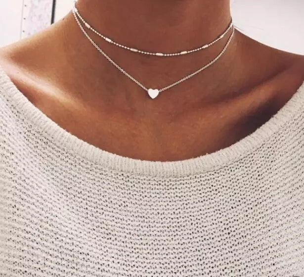 New Double Layer Bohemian Necklace for Women with Heart Pendant