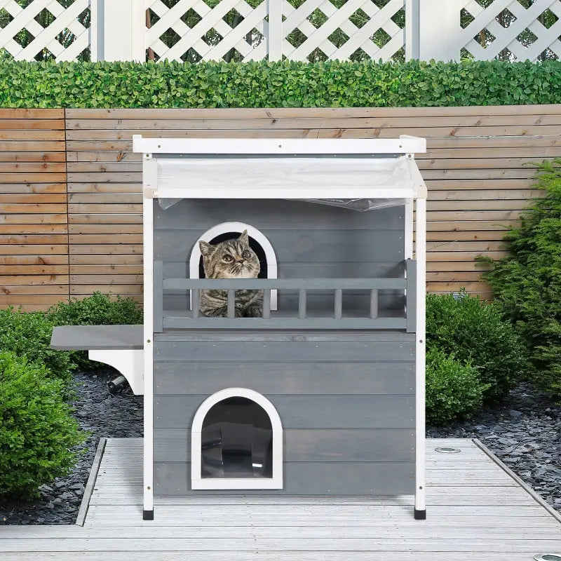 PawHut 2-Story Weatherproof Wood Cat House with Balcony & Doors for Indoor/Outdoor Use