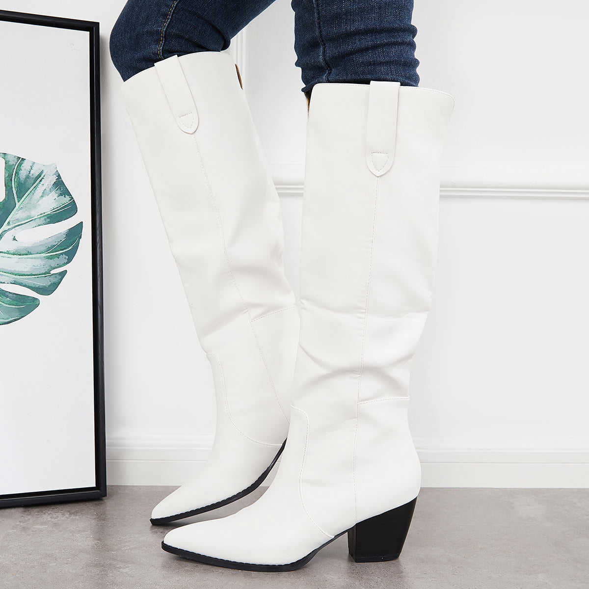 Women's Knee High Boots with Chunky Block Heel - Western Riding Style