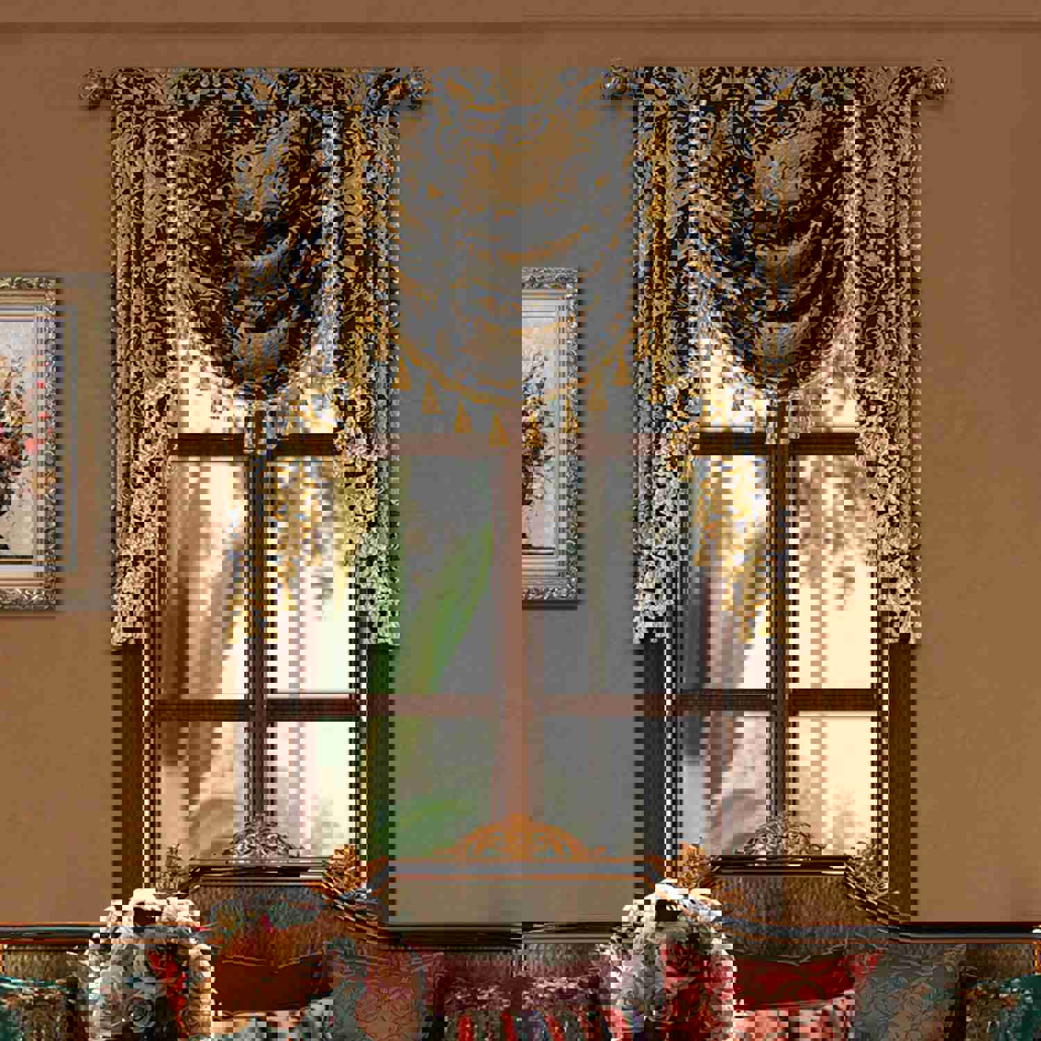 Black Florence Swag Valance with Classic Damask Pattern