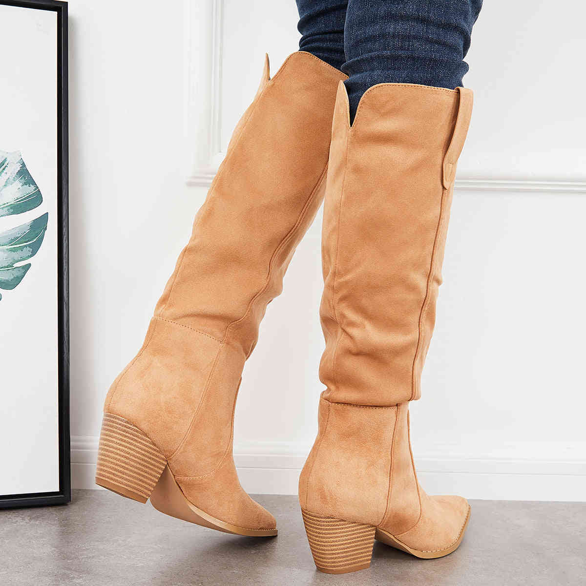 Women's Knee High Boots with Chunky Block Heel - Western Riding Style