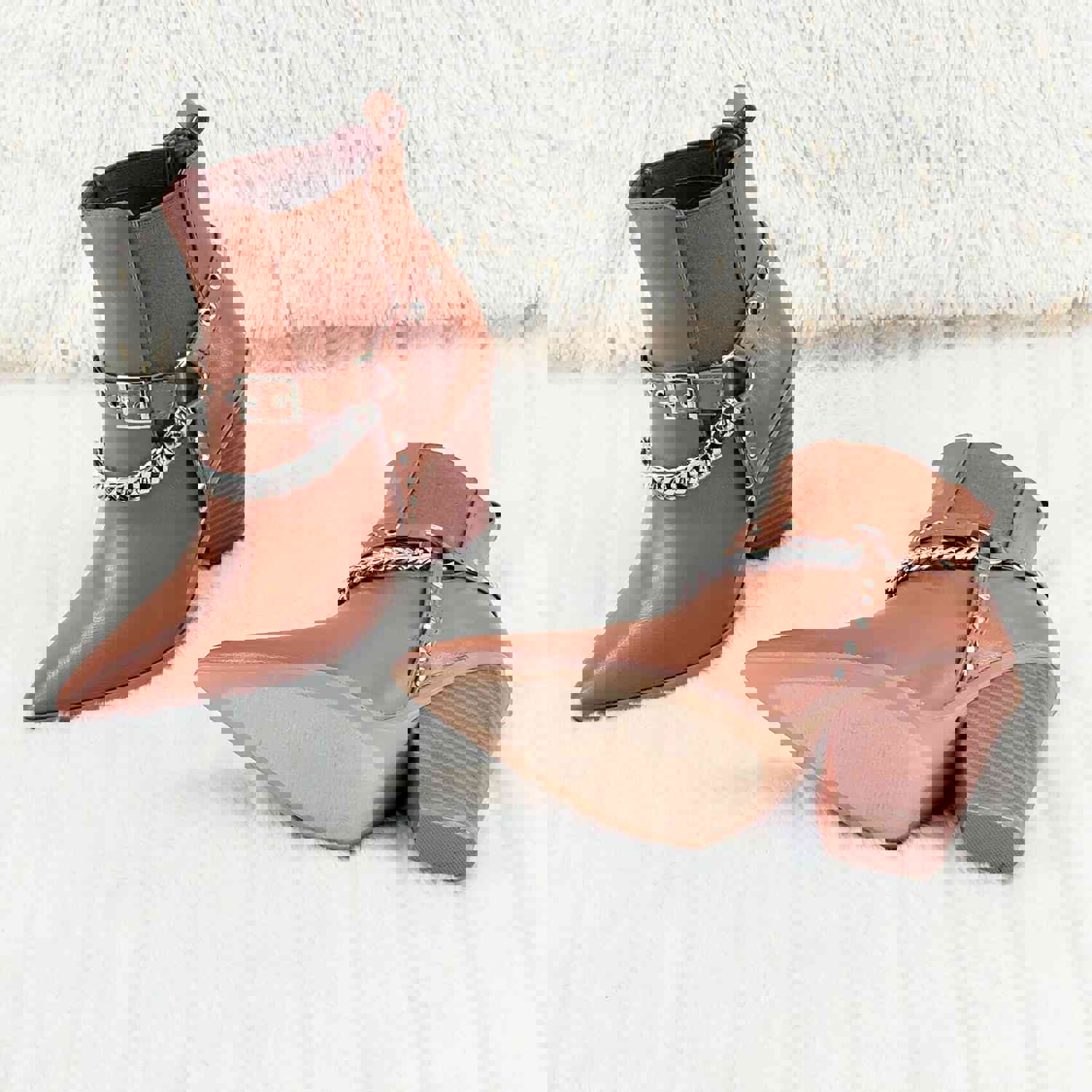 Dimitri Western Chain Strap Cowboy/Cowgirl Pull Ankle Boots Tan 6-11