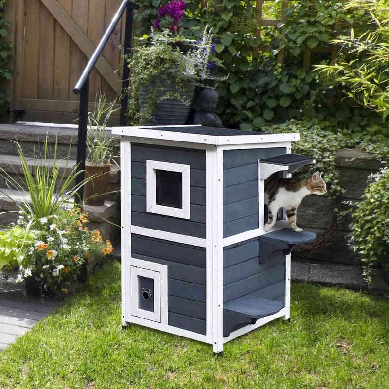 PawHut 2-Story Weatherproof Wood Cat House with Balcony & Doors for Indoor/Outdoor Use