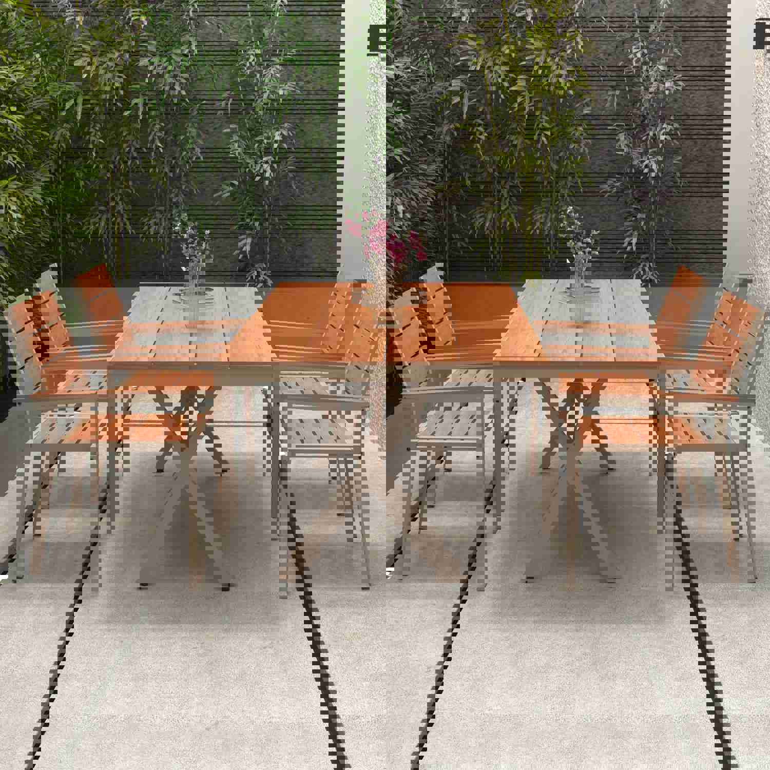 Outdoor Patio Dining Bistro Table for 4-6, Rectangle Plastic Wood Tabletop with Metal Steel Frame