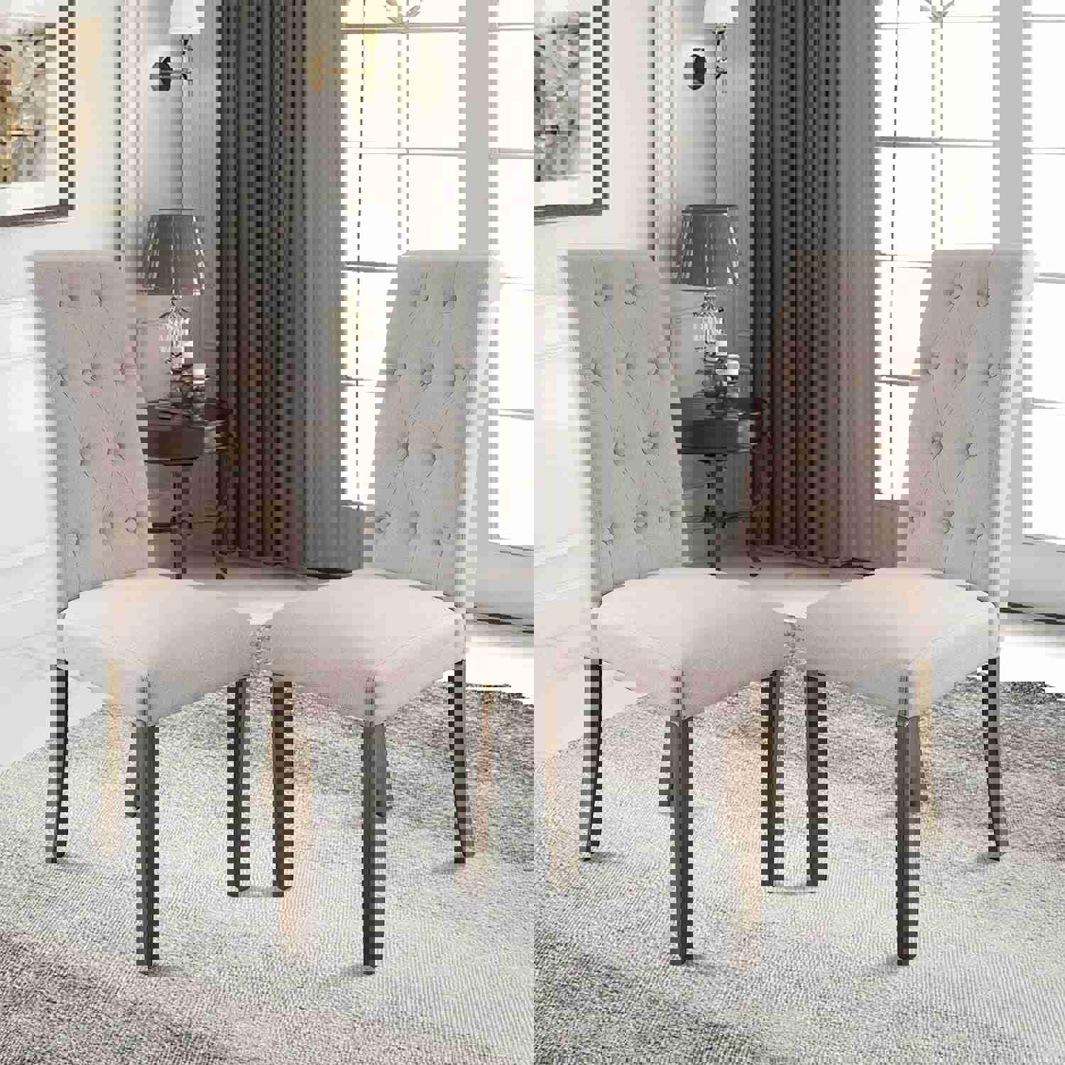 Beige Tufted Dining Chairs Set of 2, Upholstered High Back Padded Dining Chairs with Solid Wood Legs