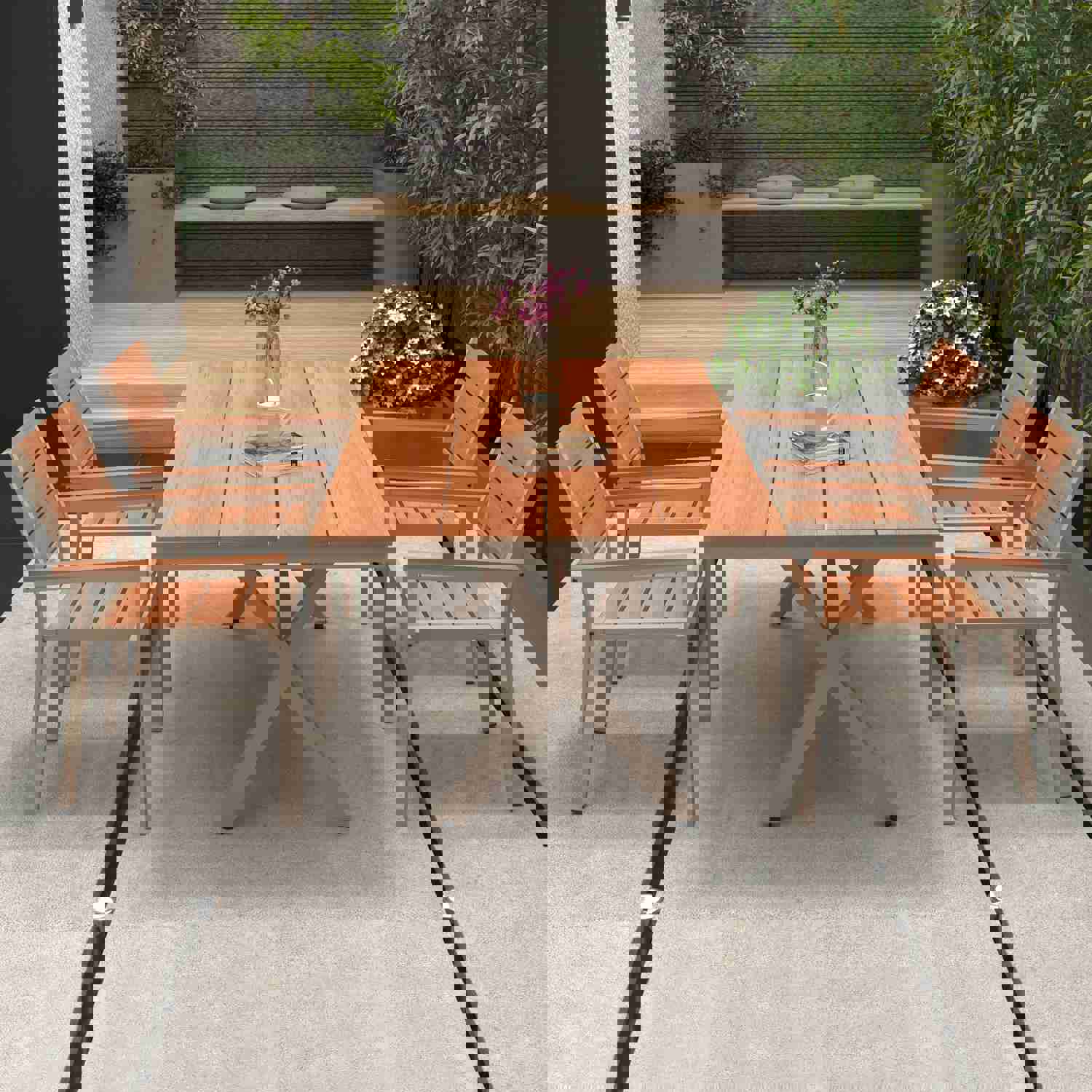 Outdoor Patio Dining Bistro Table for 4-6, Rectangle Plastic Wood Tabletop with Metal Steel Frame