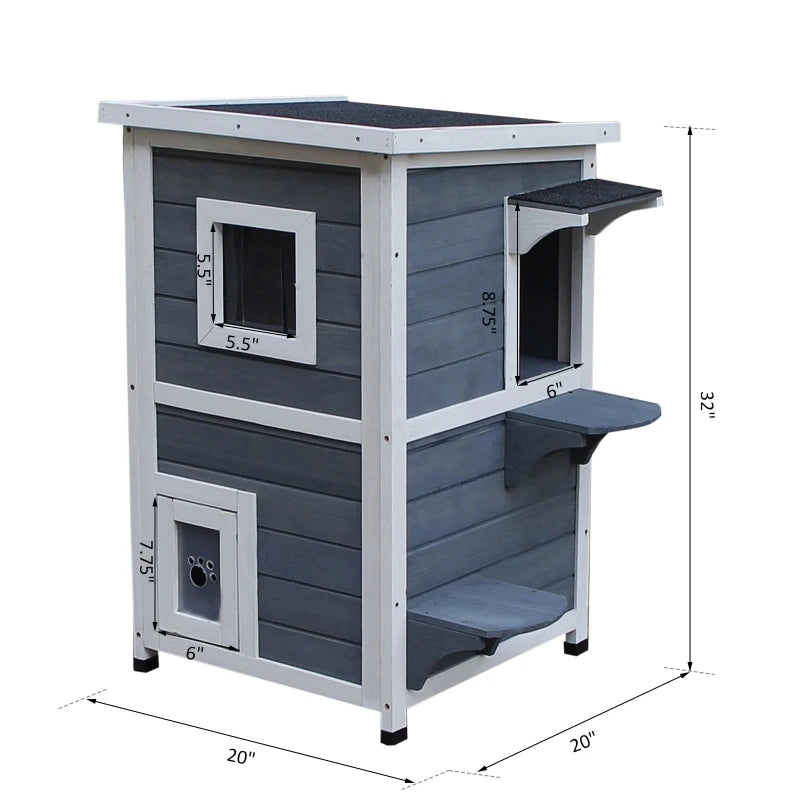 PawHut 2-Story Weatherproof Wood Cat House with Balcony & Doors for Indoor/Outdoor Use