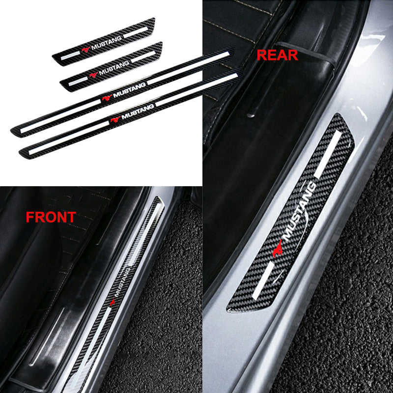 Mustang Carbon Fiber Car Door Welcome Plate Sill Scuff Cover Decal Sticker 4pc Set