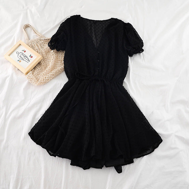 Women's Summer V-neck Lace Jumpsuit with Elastic Waist and Wide-legged Shorts