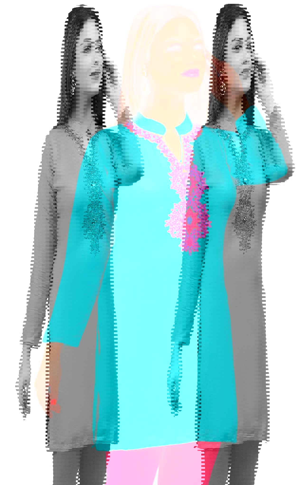 Short Kurti Womens Blouse Embroidered Indian Clothing (Turquoise)