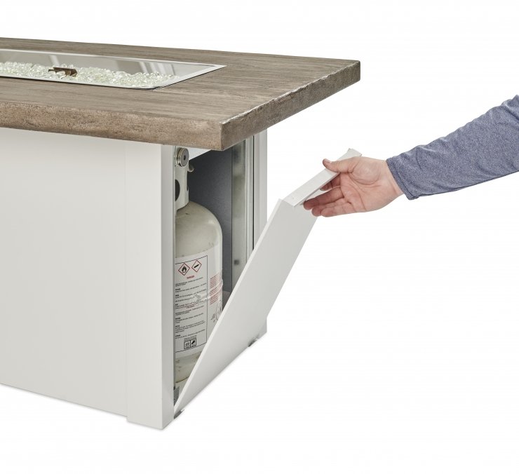 The Outdoor GreatRoom Company Driftwood Havenwood Rectangular Gas Fire Pit Table with White Base