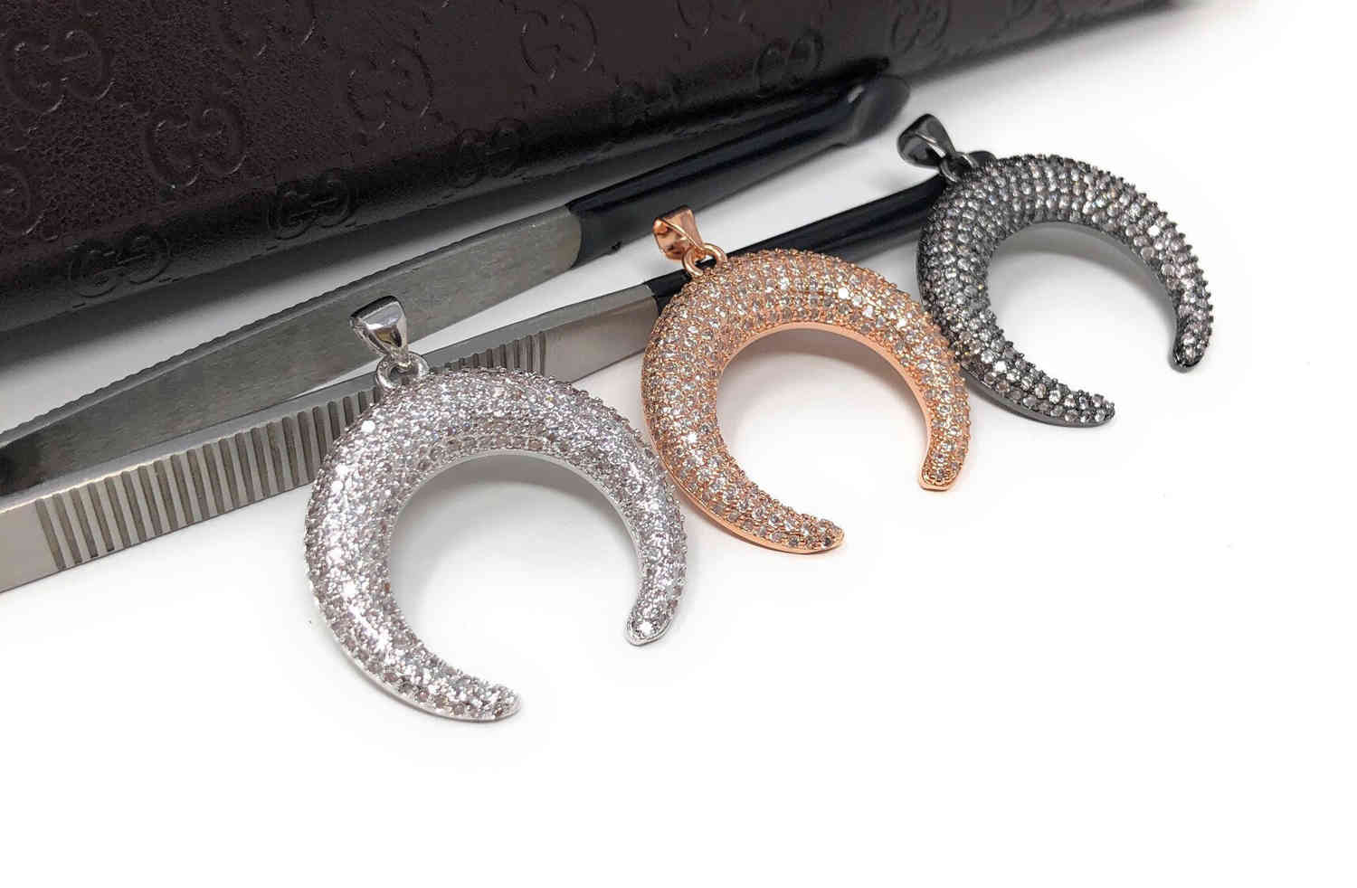 CZ Micro Pave Double Horn Moon Crescent Pendant for DIY Jewelry Making