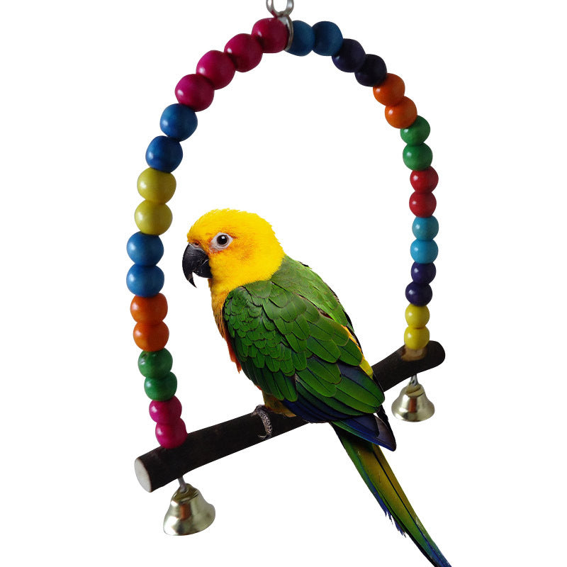 1PC Natural Wooden Parrots Swing Toy with Colorful Beads and Bells for Pet Birds