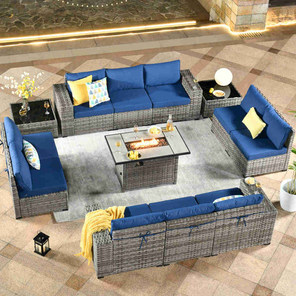 Ovios 13 Pieces Outdoor Furniture Set with Broad Handrails and Fire Pit Table