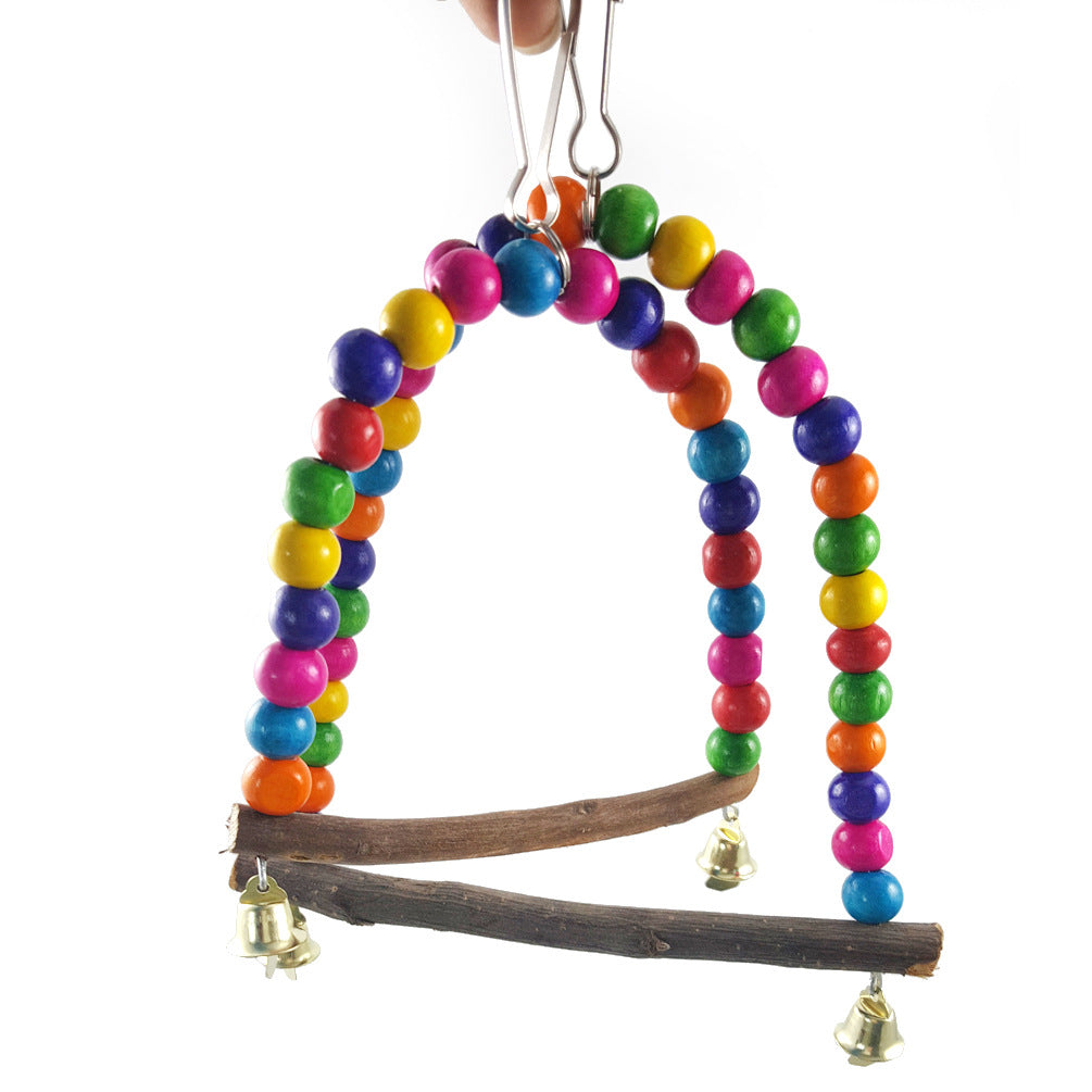 1PC Natural Wooden Parrots Swing Toy with Colorful Beads and Bells for Pet Birds